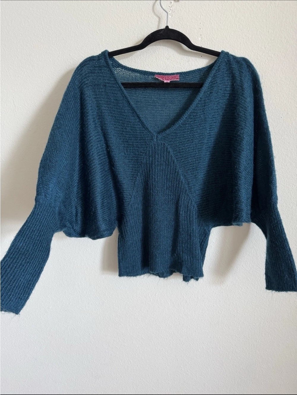 Vintage Y2K Derek Heart Turquoise Blue Bat wing Knit Sweater Size M
